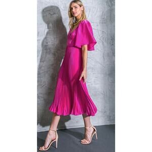 FLYING TOMATO Saturday Plans Pink Satin Pleated V-Neck Midi Dress - Size M